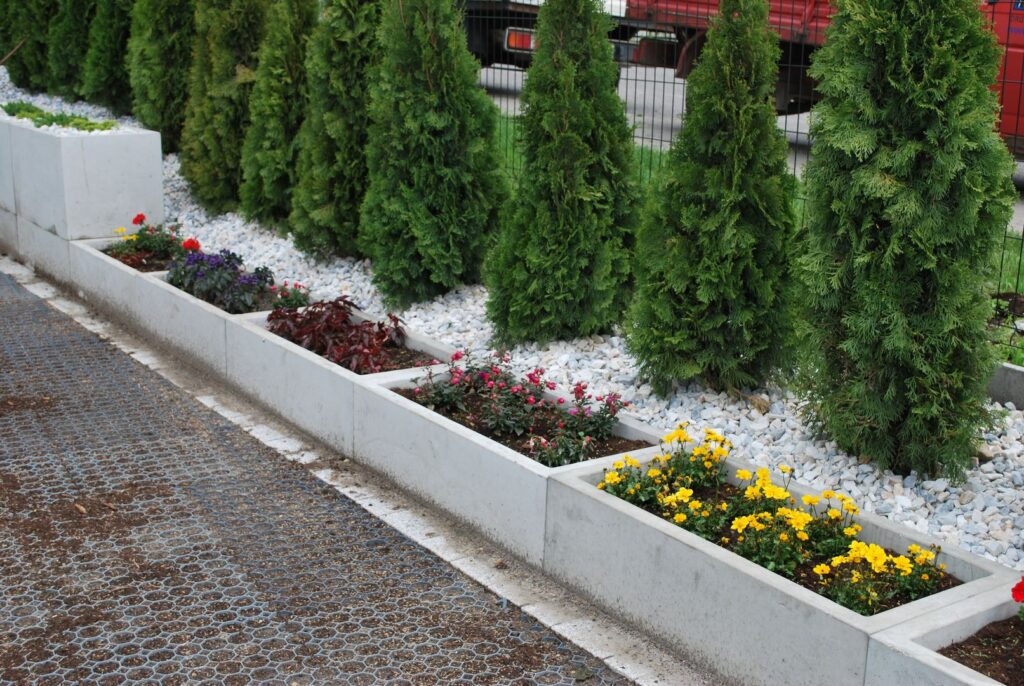 Duże donice wykonane z betonu. W donicach posadzone różne rośliny. W tle zielone tuje.